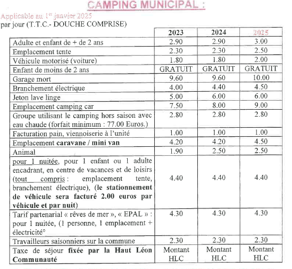 Camping tarifs 2025
